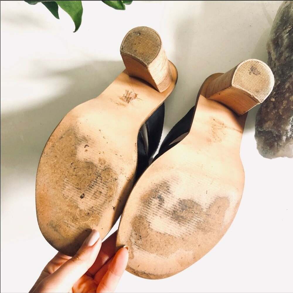 SEY Collection Black Tan Leather Mule Slide Open Toe Chunky Block Heel Shoes 9 - Picture 5 of 9
